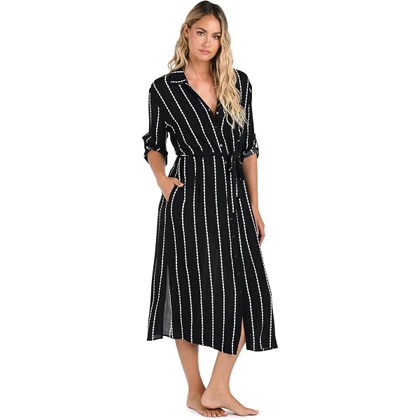 La Blanca Women's Tie Front Midi Dress – Swimwear Cover Up, Crocheted Detail, Drawstring Waist, Side Slits