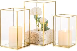 Inweder Glass Hurricane Candle Holder: 3 Pcs Gold Large Rectangular Hurricane Candleholder Lantern Centerpieces for Tables Glass Decorative Lantern Candle Holder for Wedding Christmas Home Decor