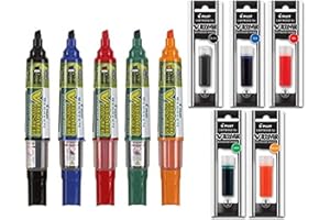 Refillable Dry Erase Markers, Pilot BeGreen V Board Master Assorted Colors, 5-Pack With 1 Refill For Each Marker