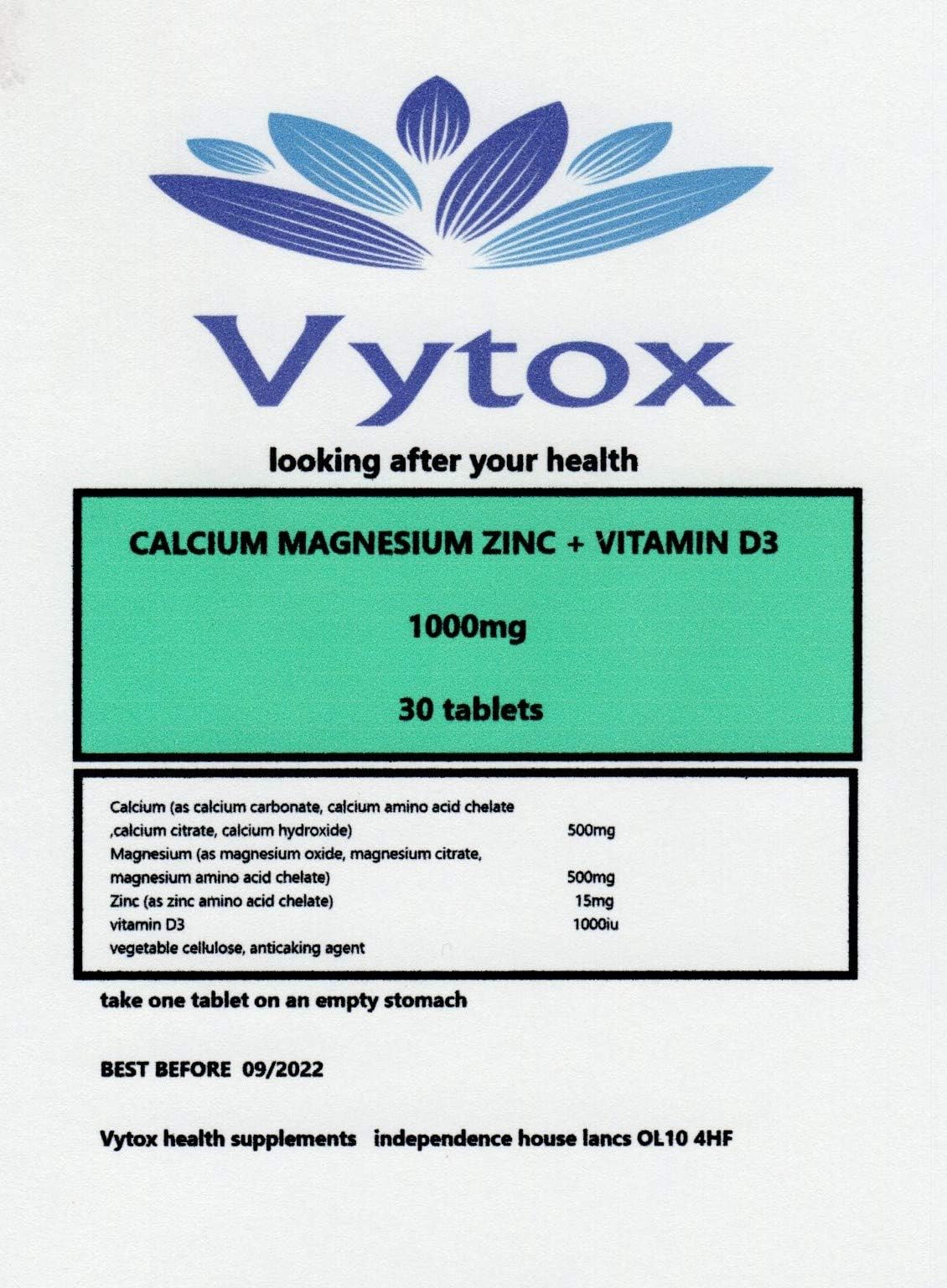Calcium Magnesium Zinc Plus D3 1000mg 30 Double Strength Tablets Bones, Joints. 1 Month Supply. by Vytox