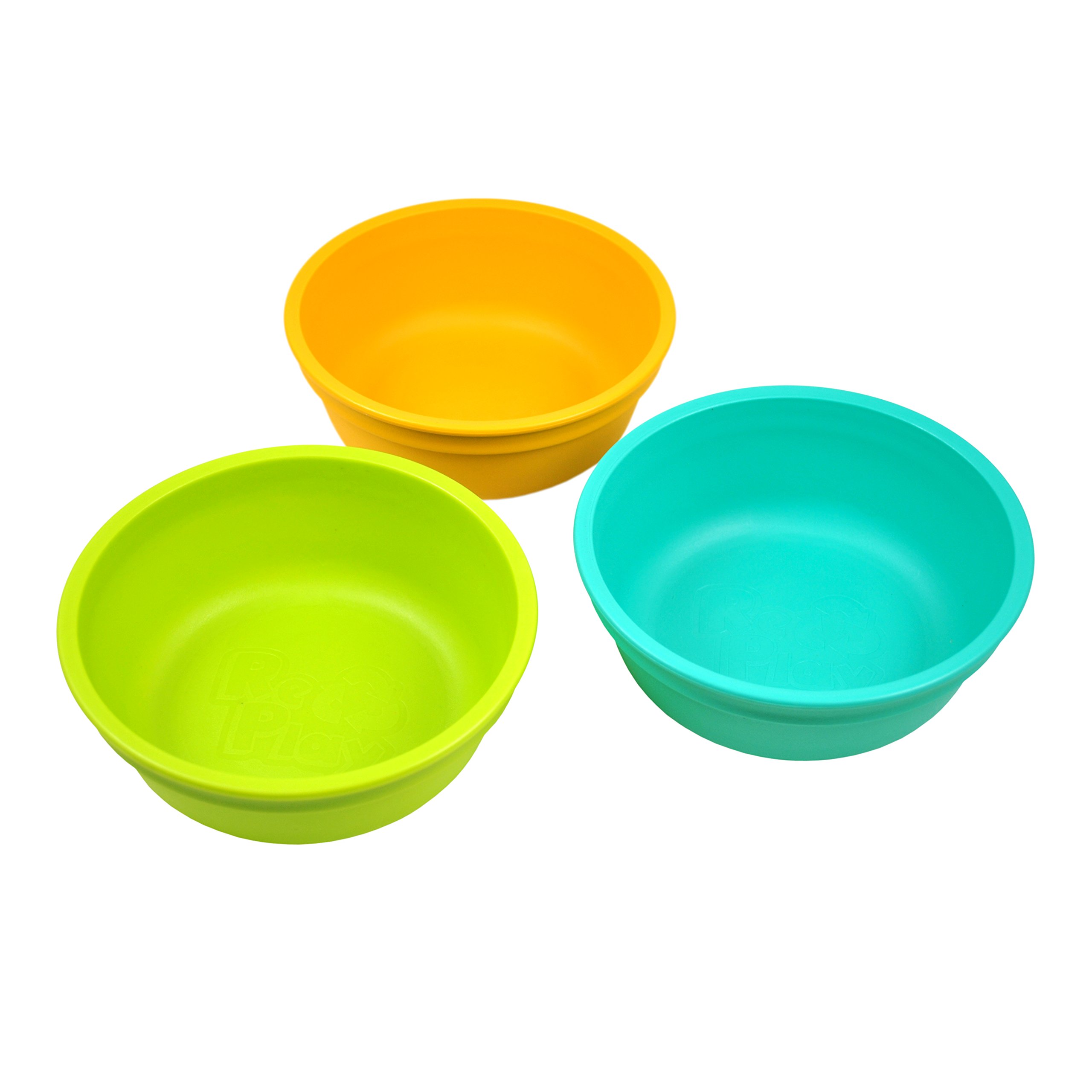 RE-PLAY Made in USA 3pk - 12 oz. Stackable Bowls | Lime Green, Sunny Yellow, Aqua | Eco Friendly Heavyweight Recycled Milk Jugs | Virtually Indestructible | BPA Free | Aqua Asst