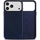 Belemay Handcrafted Full-Grain Vegetable-Tanned Leather Case for iPhone 17 Pro Max, Compatible with MagSafe, Two-Tone Effect, Natural Patina, Camera Control Button, Metal Buttons (6.9"), Navy Blue
