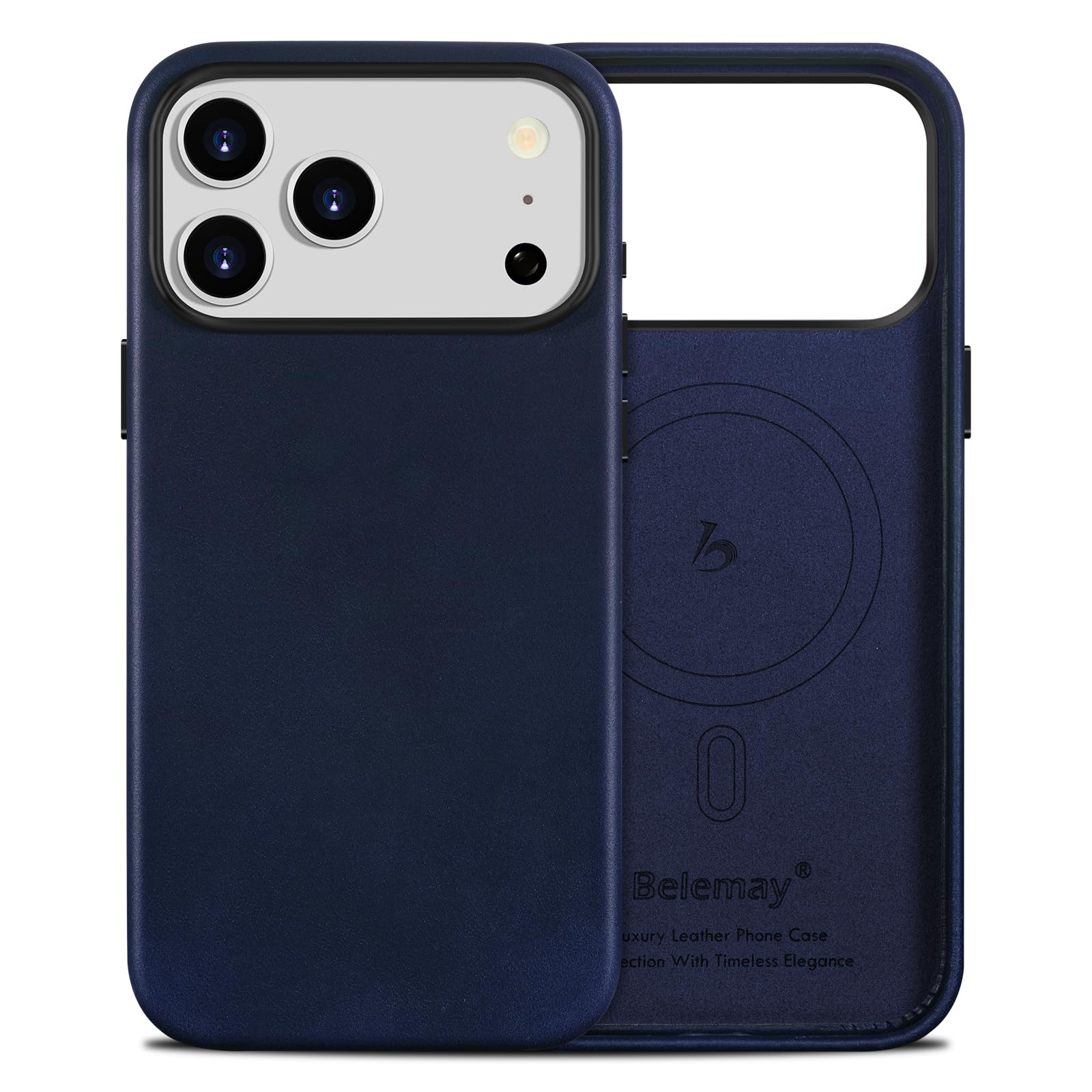 Belemay Handcrafted Full-Grain Vegetable-Tanned Leather Case for iPhone 17 Pro Max, Compatible with MagSafe, Two-Tone Effect, Natural Patina, Camera Control Button, Metal Buttons (6.9"), Navy Blue