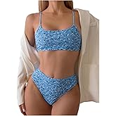 SOLY HUX Women's 2 Piece Bathing Suit Floral Print High Waisted Scoop Neck Cute Bikini Set Beachwear