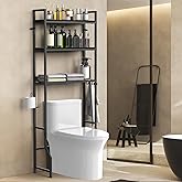 NOVIMANGO Over The Toilet Storage 3 Tier Over Toilet Bathroom Organizer Wooden Bathroom Space Saver Freestanding Above Toilet Stand with 4 Hooks Black Over The Toilet Rack for Restroom, Laundry
