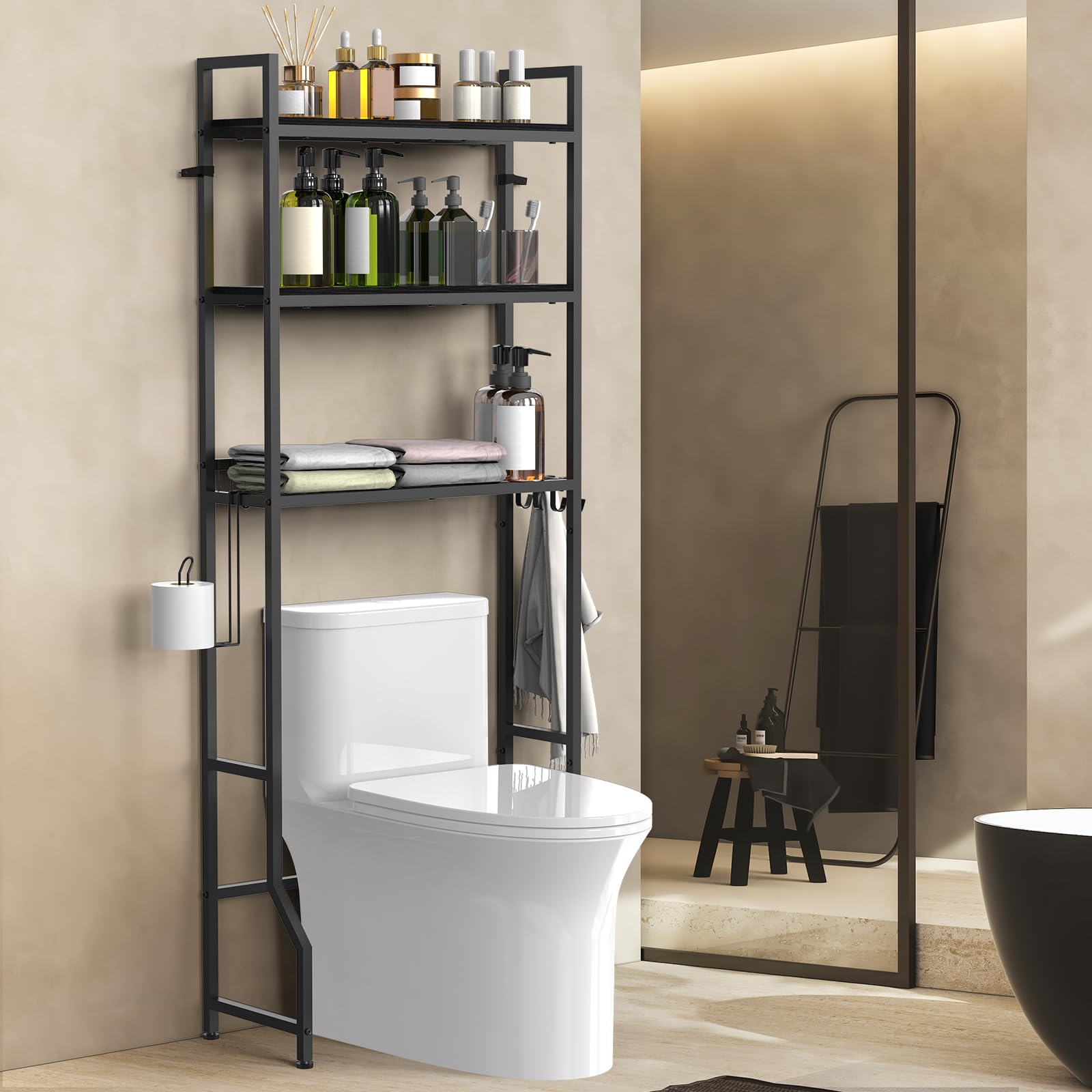 Photo 1 of NOVIMANGO Over The Toilet Storage 3 Tier Over Toilet Bathroom Organizer Wooden Bathroom Space Saver Freestanding Above Toilet Stand with 4 Hooks Black Over The Toilet Rack for Restroom, Laundry
