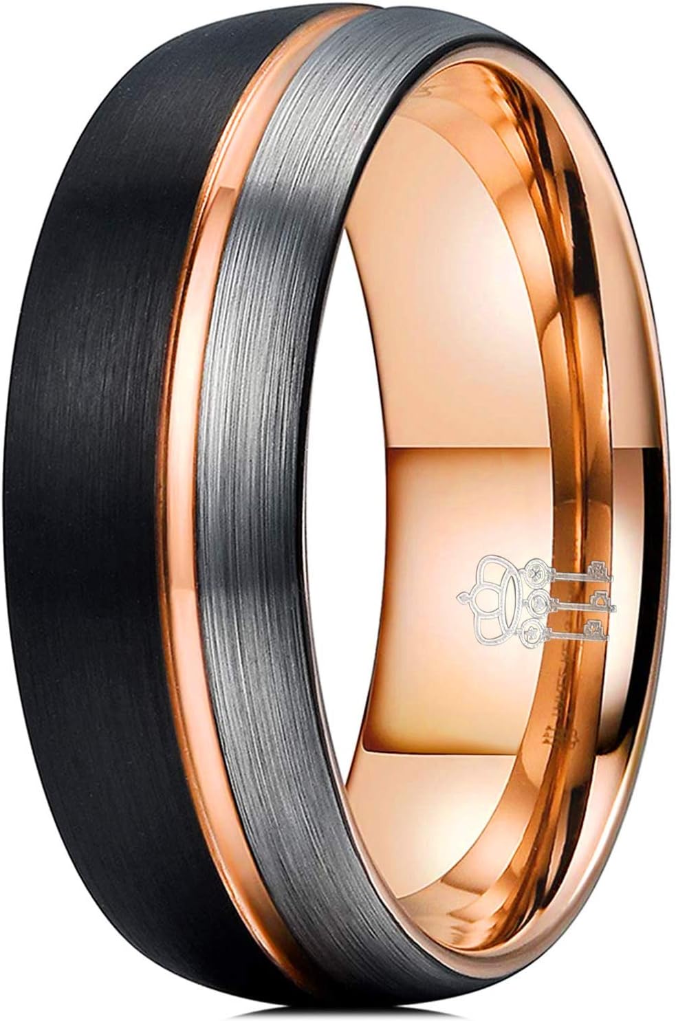 THREE KEYS JEWELRY8mm Tungsten Carbide Wedding Ring Thin Side Rose Gold Line Band Brown Silver Brushed