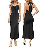 OVGEOU Women Summer Halter Neck Maxi Dress Sleeveless Backless Ruched Tie Casual Beach Vacation Party Bodycon Long Dresses