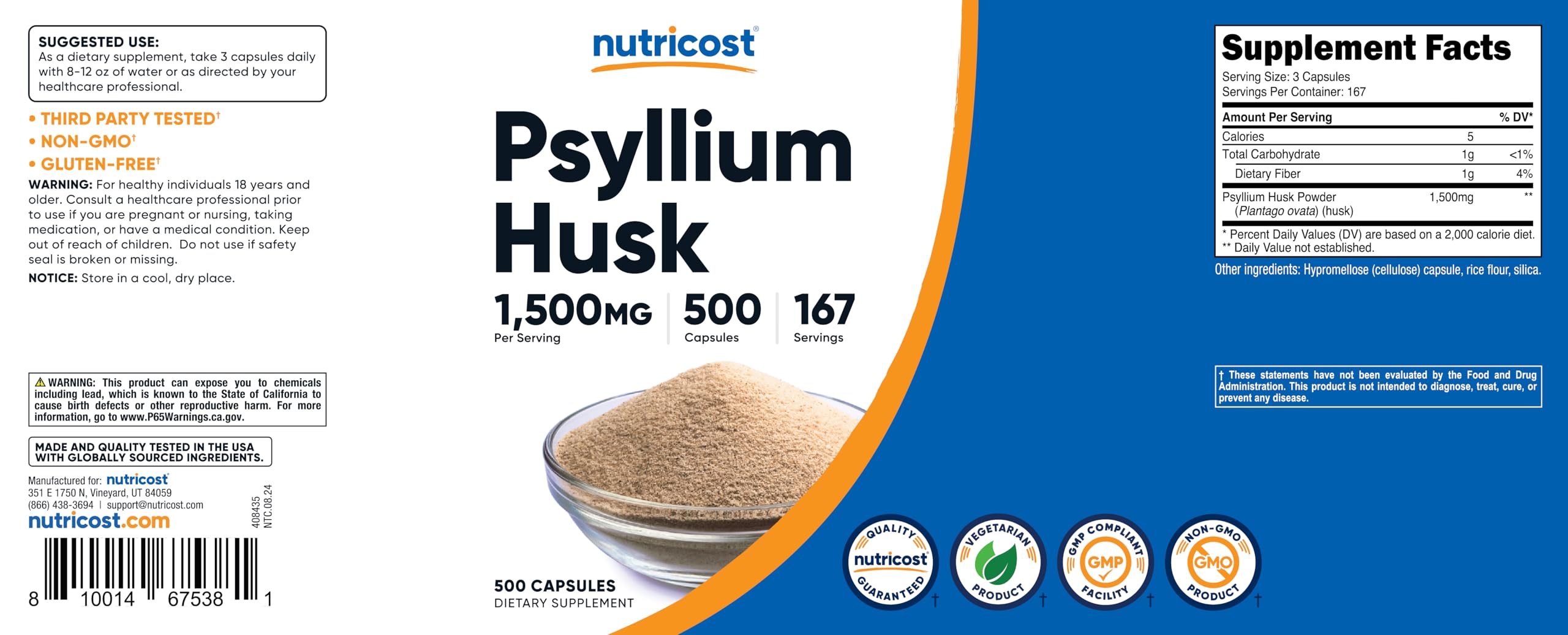 Nutricost Psyllium Husk 1500mg Per Serving, 500 Capsules - Non-GMO & Gluten Free