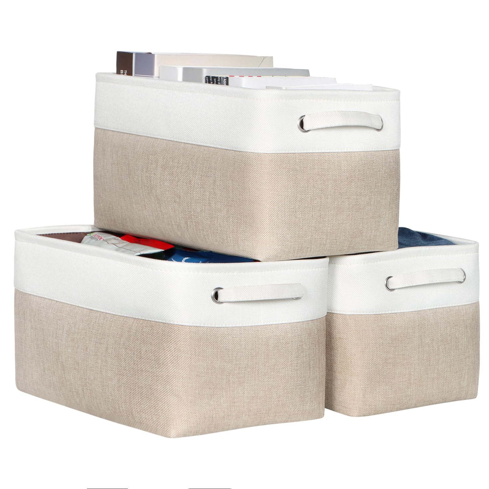 KEEGH Fabric Storage Baskets Set of 3, 15in Storage Boxes for Shelves, Foldable Storage for Hard Bottom Storage, Fabric Basket with Handle, Storage Boxes for Home and Office-White/Beige