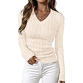 PRETTYGARDEN V Neck Cable Knit Sweaters for Women 2025 Long Sleeve Ribbed Fitted Pullover Tops Business Casual Fall Outfits