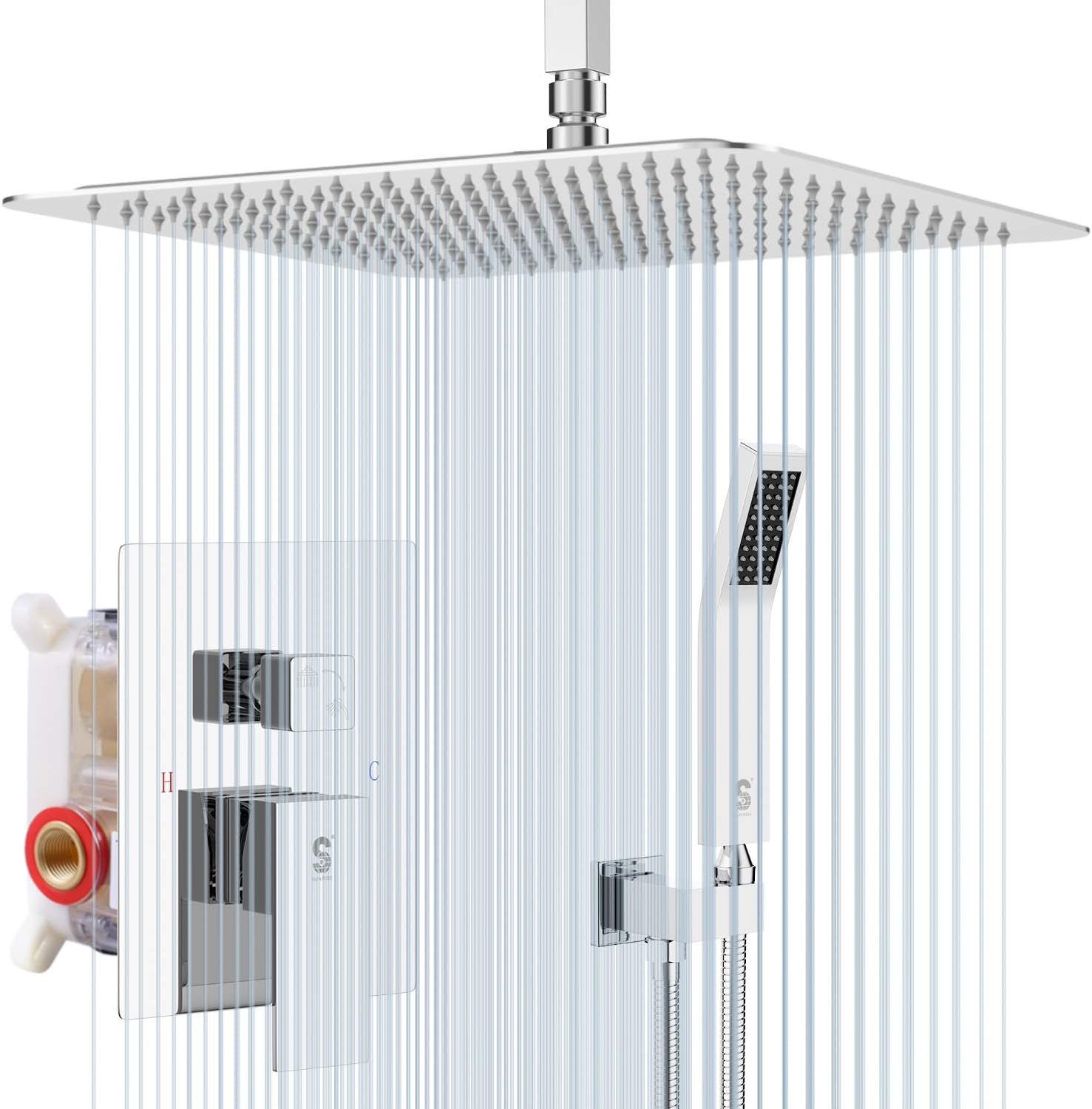 SR SUN RISE 16 Inches Polished Chrome Shower Faucet System Bathroom Luxury Rain Mixer Shower Faucet Set Ceiling Mounted Rainfall Shower Head Set (Contain Shower Faucet Rough-In Valve Body and Trim) - - 