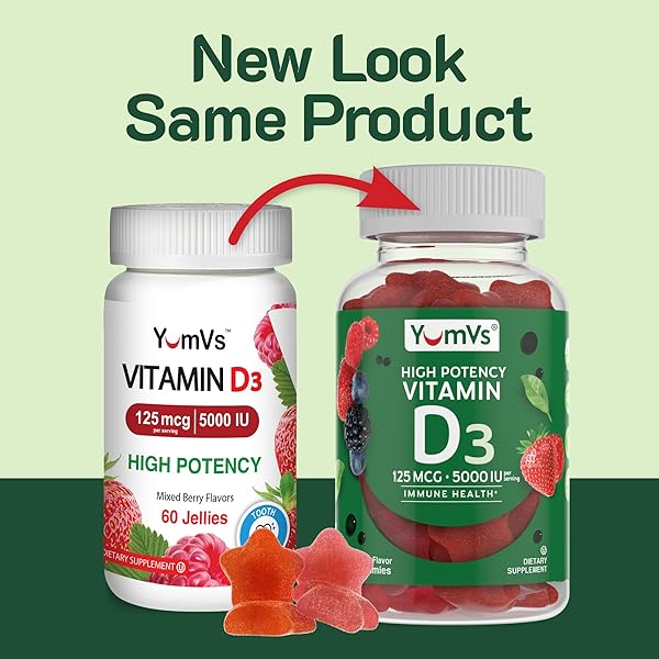 YUM-V’S VITAMIN D3 JELLIES, VITAMIN D 5000 IU, DAILY DIETARY SUPPLEMENT, MIXED BERRY FLAVOR CHEWABLE JELLIES, VEGETARIAN, GLUTEN-FREE AND KOSHER HALAL – 60 COUNT