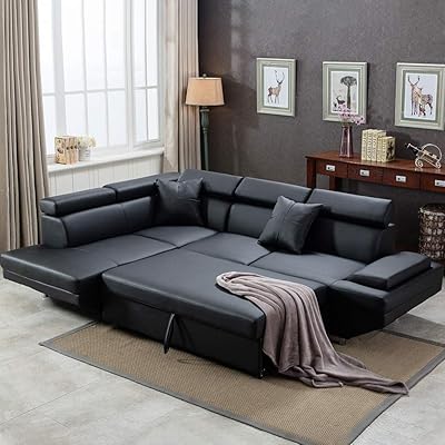 FDW 2-Piece Sectional Sofa Bed, Faux Leather, Queen Size