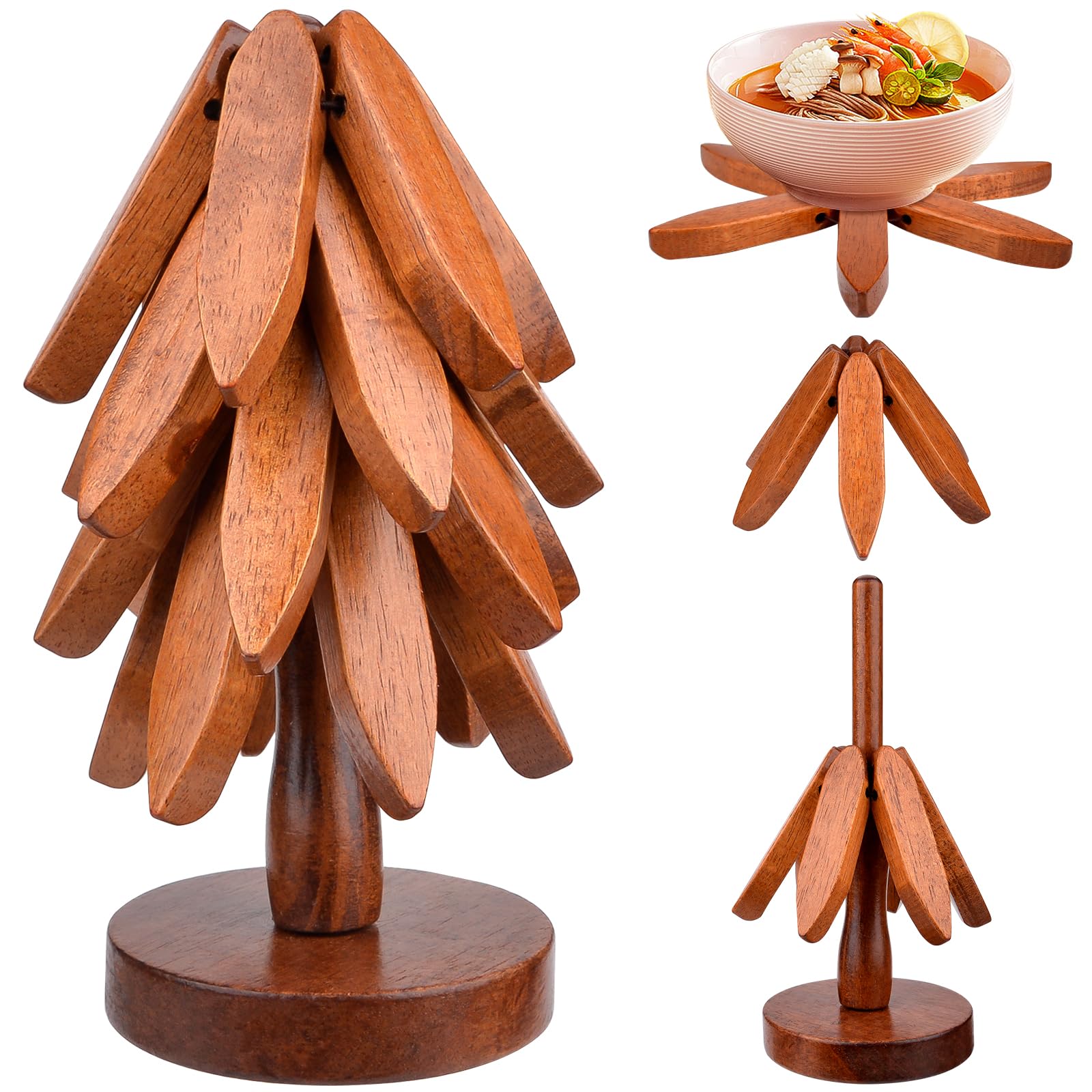 Wooden Tree Coasters, Wooden Trivets for Hot Dishes, Christmas Tree Coaster Set 4 Wood Trivet + 1 Stand, Anti-scalding Pad Table Mat Foldable Wood Placemats Home Decoration