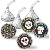 Day of the Dead Stickers, 324 Count 0.75 Inch Candy Labels, Tiny Sugar Skull Stickers for Halloween Treats and Chocolate Kisses, Made in USA by Amanda Creation
