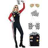 Lcaughsy Race Car Driver Costume Women,Race Car Driver Jumpsuit Sexy Racer Halloween Bodysuit Sunglasses Glove Flag Outfit