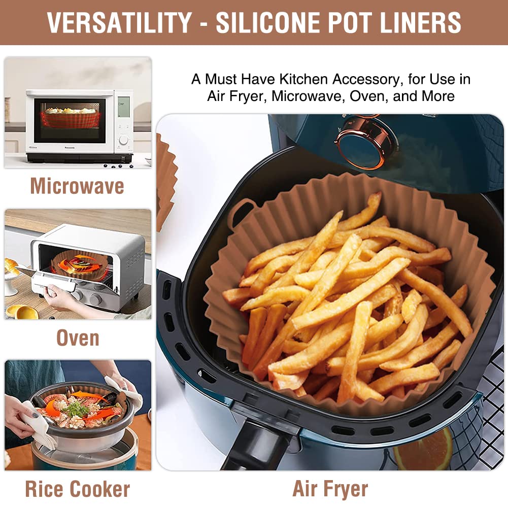 Silicone Air Fryer Liner 2 Pack, Xabzhzn 9 inch Non-Stick Reusable Air Fryer Liners for 5 to 6 7 8 QT Square and Round Basket, Airfryer Silicone Pot Baking Tray Oven Microwave Accessories, Blue+Brown