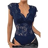MakeMeChic Women's Lace Bodysuit Date Night Romper Deep V Neck Lace Tops Bodysuit