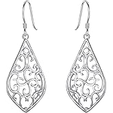 EVER FAITH Women's 925 Sterling Silver Vintage Floral Hollow Filigree Diamond-Shape Drop Hook Earrings