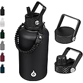 BJPKPK Half Gallon Insulated Water Bottles with Straw Lid, 64oz Large Water Jug, Stainless Steel Bottles with 3 Lids and Paracord Handle, Thermo for Hot & Cold Liquid, Black