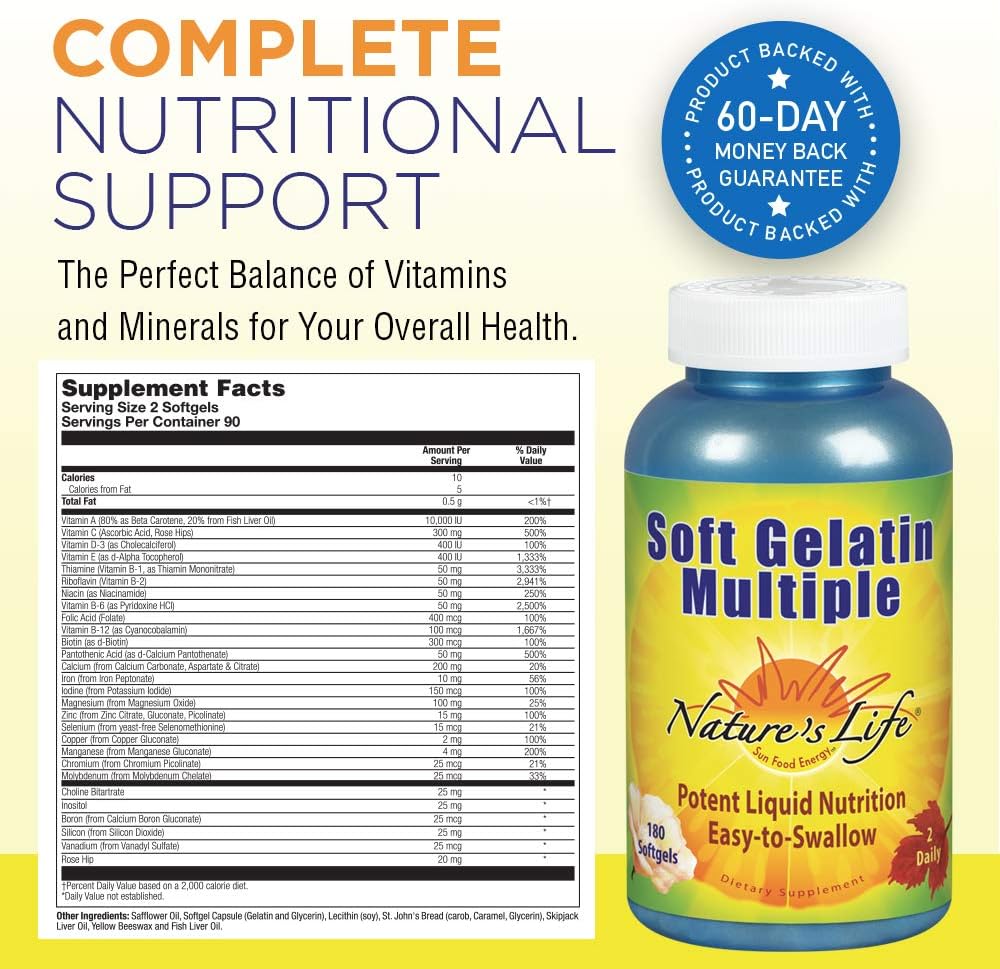 Nature’s Life Soft Gelatin Multiple | Complete Daily Multivitamin & Mineral Supplement With Iron | 180 Easy-to-Swallow Softgels | 3-Month Supply: Health & Personal Care
