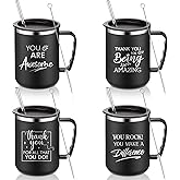 Sumind Employee Appreciation Gifts 17 oz Thank You Stainless Steel Coffee Mugs Gifts with Handle Lid Straw Social Worker Appreciation Gift for Coworker Staff(Black,4 Pcs)