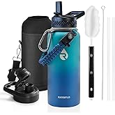 RAYMYLO Insulated Water Bottle 32 oz, Triple Wall Vacuum Stainless Steel (Cold for 48 Hrs), Leak Proof & Non-BPA, Modern Water Flask Jug with Paracord Handle & Straw Spout Lids, Cyan Blue