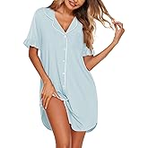 Ekouaer Nightgowns for Women Button Down Sleep Shirts Short Sleeve Night Shirts V Neck Sleepwear Boyfriend Pajama Dress