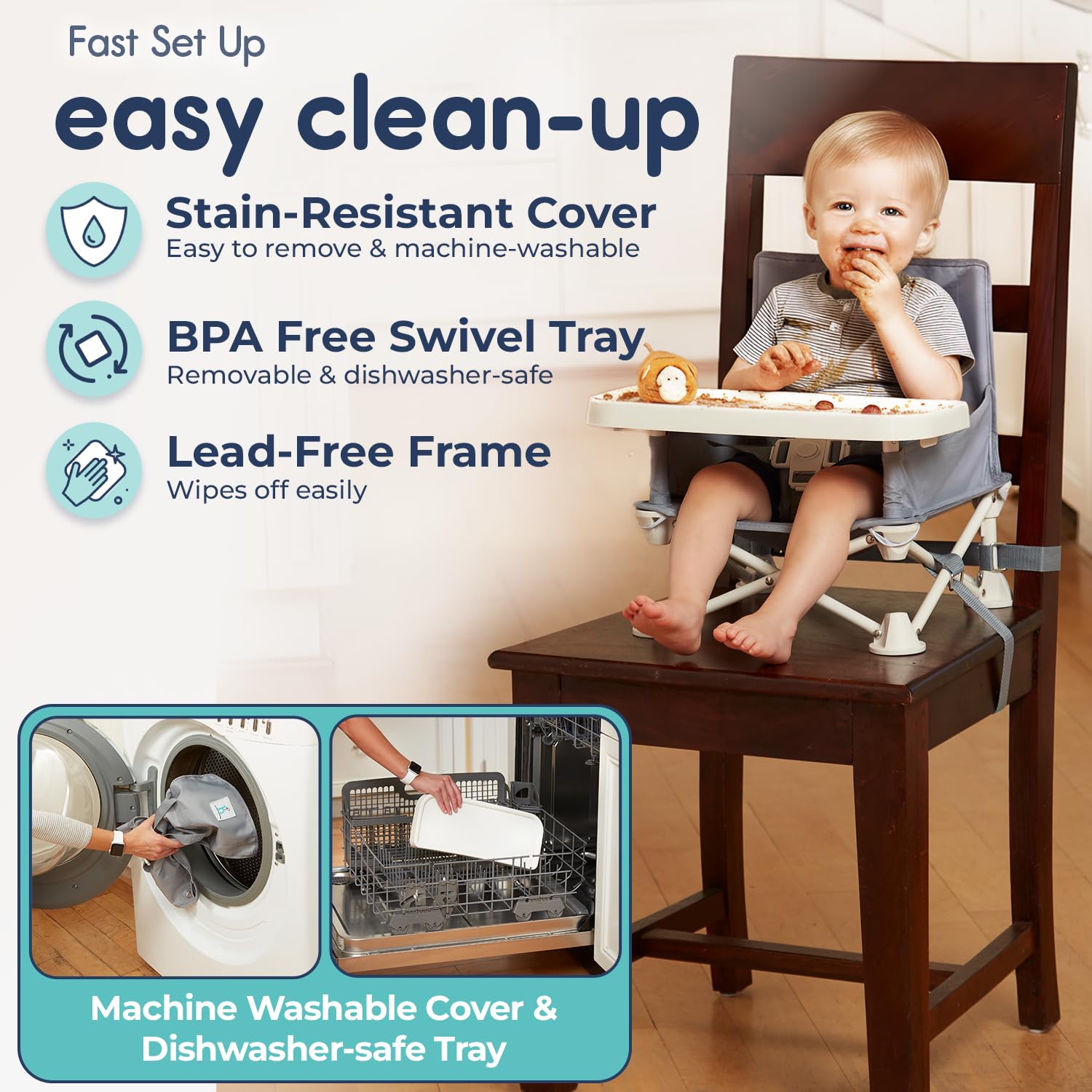 Hiccapop OmniBoost Travel Booster Seat with Tray for Baby, Dining Table, Camping, Beach, Grandma’s | Folding Portable Tip-Free Design Straps to Kitchen Chairs