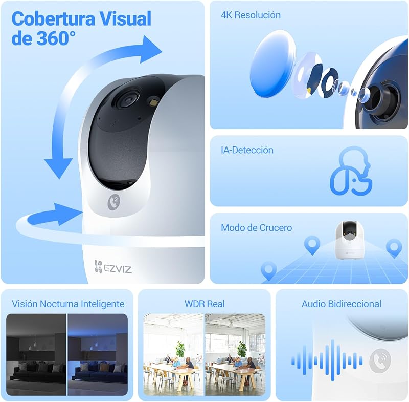 4K Cámara Vigilancia WiFi Interior 360°, Cámara IP Deteccion de Personas/Mascotas/Ruido, Seguimiento con Zoom Automático, Visión Nocturna en Color, Audio Bidireccional, Wi-Fi 2.4/5GHz, C6N G1