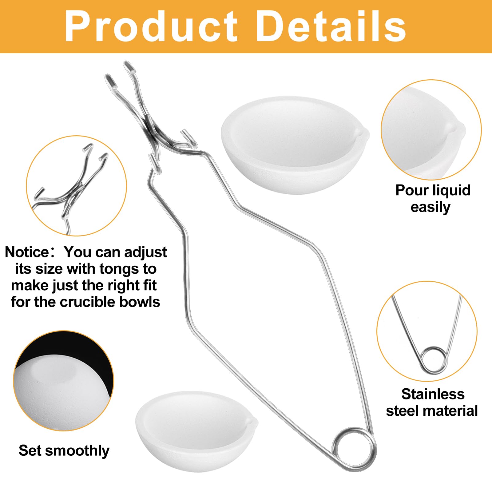 Asany 10 Pcs Small Melting Ceramic Crucible Dish Cup Set, 8 Pcs Ceramic Quartz Crucible Dish Cup, 2Pcs Gold Silver Copper Whip Tongs Handle 2A Jewelry Refining Casting Pot, white