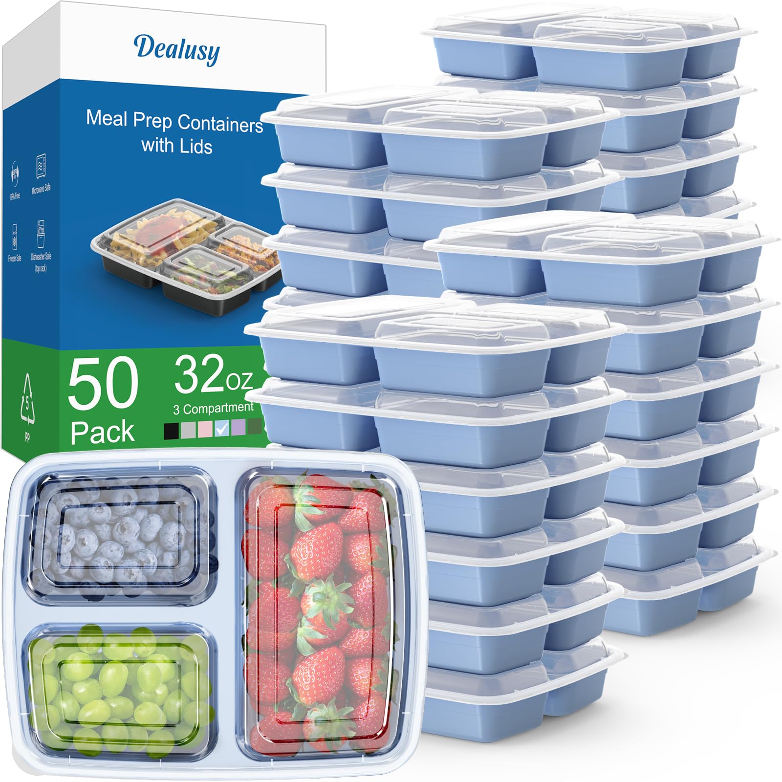 Photo 1 of 50 Pack (100-Piece) 32 oz Meal Prep Containers Reusable with Lids 3-Compartment, To Go Take Out Plastic Food Storage Containers, Sturdy Leakproof Food Safe, Microwave Freezer Dishwasher Safe, Blue