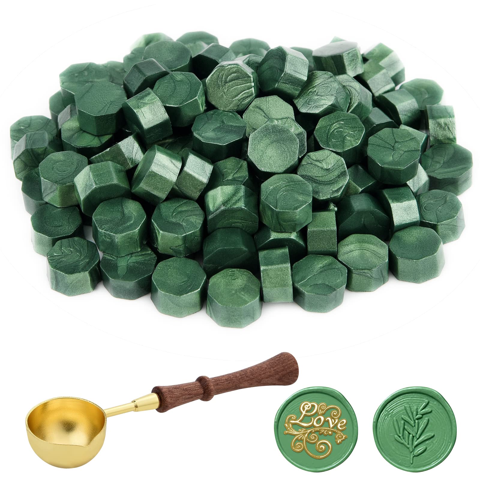 Astaron 100 Pcs Pine Green Sealing Wax Beads, Octagon Wax Seal Kit with 1 Wax Melting Spoon, Perfect for Invitations Cards Envelopes Wine Packages Gift Wrapping