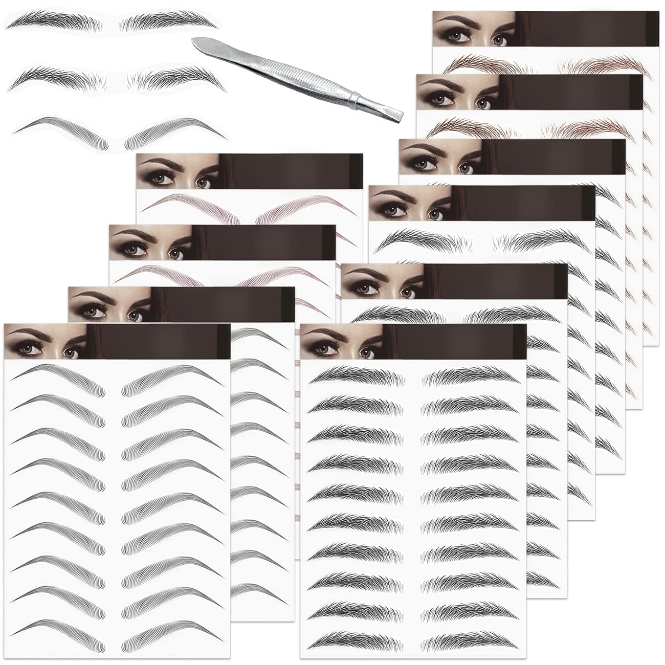 10 Sheets 91 Pairs 4D Hair-Like Waterproof Eyebrow Tattoos Sticker + 1 Tweezers, 5 Shapes Peel Grooming Shaping Imitation Ecological Lazy Fake Eyebrow Transfers Stickers for Women Girls Makeup