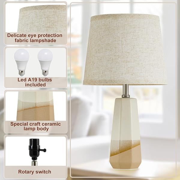 GYROVU 3 COLOR TEMPERATURE ADJUSTABLE TABLE LAMP, CERAMIC LAMP SET OF 2, LAMP FOR NIGHSTAND, BEDSIDE LAMPS WITH ROTARY SWTICH, NIGHTSTAND LAMP FOR LIVING ROOM BEDROOM OFFICE, BULBS INCLUDED-BROWN