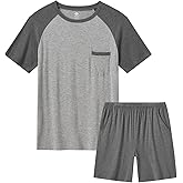 MoFiz Men's Sleep Sets,Modal Pajamas Set Ultra Soft Sleepwear Short Sleeve Top & Bottom PJS Lounge Set 2 pieces