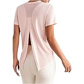 OYOANGLE Women's Split Back Athletic Shirts Short Sleeve Workout Shirt Crew Neck Comfy Yoga Gym Tops