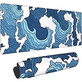 Japanese Wave Gaming Mouse Pad Blue White Large Mouse Pad XL Extended Big Mousepad Long Mouse Mat Desk Pad Non-Slip Rubber Ba