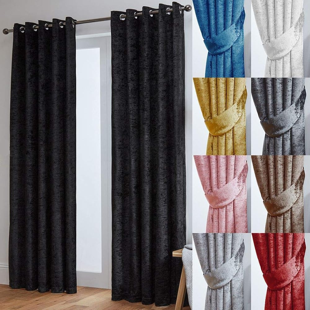 John Aird Crushed Velvet Eyelet Curtains Black 66 x 90 Pair
