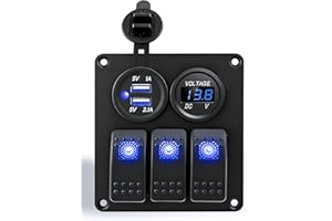 iztor 12V/24V Rocker Switch Pane Waterproof Blue LED Power Control Device with 3 Gang Toggle Switches Female Power Socket Dua