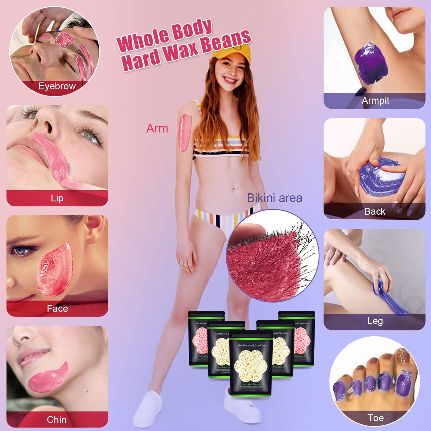 Auperwel Wax Beads for Hair Removal 1.1 lb (17.6 oz), Hard Wax Beads for Sensitive Skin - Brazilian, Face, Bikini, Legs, Eyebrow, Painless Waxing Beads Kit for Women Men, 5 Packs with 10 Wax Sticks