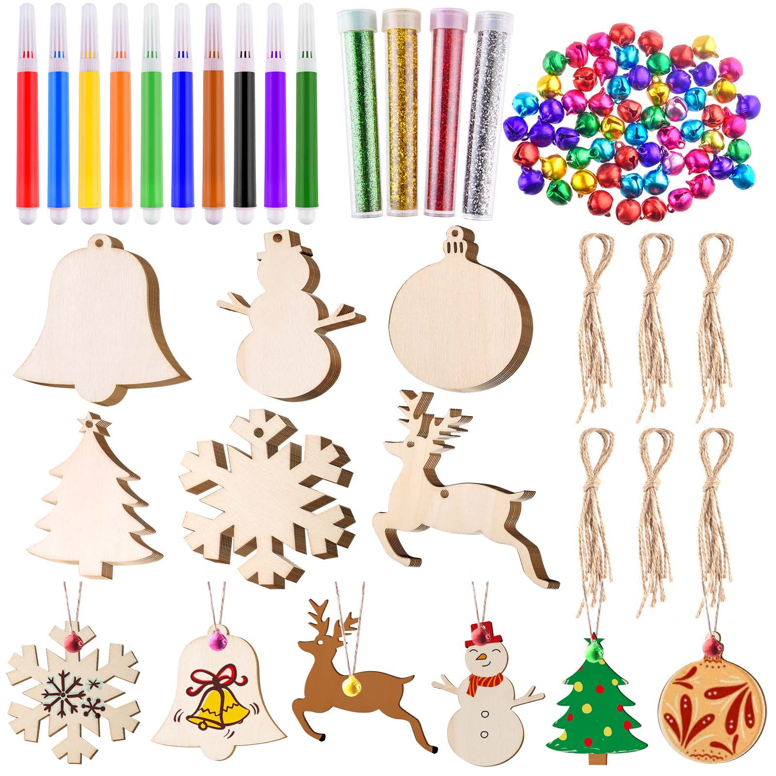 TUPARKA 60pcs Christmas Wooden Ornaments Unfinished Wooden Slices with Twine,Colorful Bells,Flashing Powder,Watercolor Pen for for Kids DIY Crafts Christmas Hanging Decoration