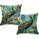 ULOVE LOVE YOURSELF 2Pack Peacock Throw Pillow Covers Only Watercolor Peacock Pillowcases with Floral Farmhouse Rustic Decorative Cushion Cover 18 X 18 Inch for Sofa/Couch/Porch(Turquoise)