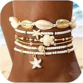 iF YOU Ankle Bracelet Set for Women, 14k Gold Waterproof Seashell Pearl Heart Starfish Conch Link Chain Anklets Set, Boho Bead Layered Anklet Bracelets for Women Beach Gift 6pc