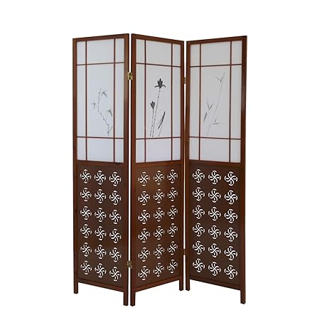 Homestyle4u 902, Paravent Raumteiler 3 teilig, Ornamente, Holz Braun Reispapier Weiß