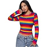 Floerns Women's Rainbow Striped Long Sleeve Round Neck Slim Fit Casual Tee Shirt Top