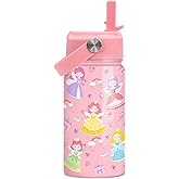 SANDJEST Princess Water Bottle for Girls - Kids Water Bottle with Straw Lid - 12 Oz Insulated Stainless Steel Water Bottles for Kid - Travel Cup for School Sports