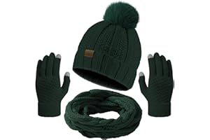 Passionbility Winter Beanie Hat Circle Scarf Touchscreen Gloves Set, Snow Knit Skull Cap, Warm Thick Fleece Lined Neck Warmer