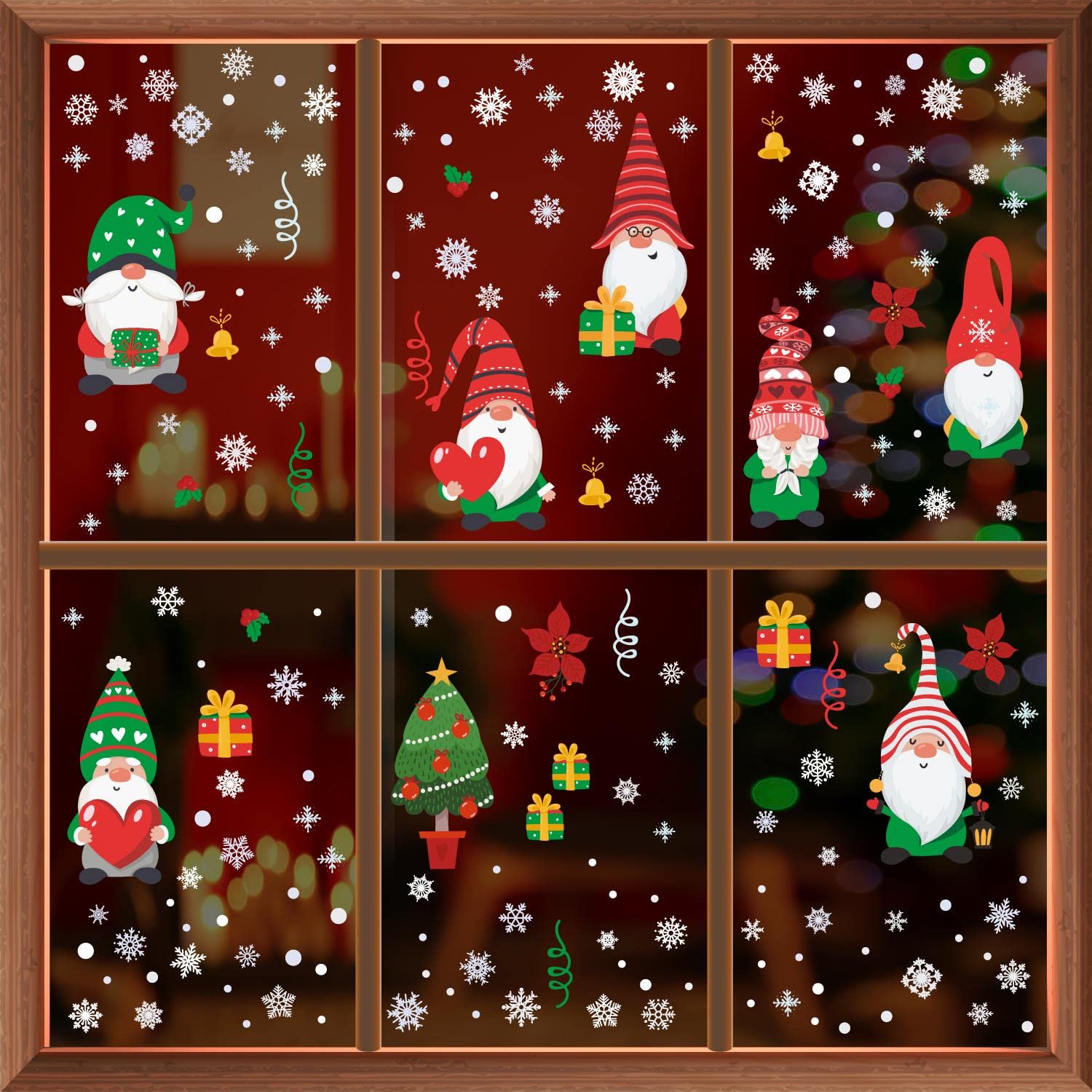 WALPLUS 198 PCS Xmas Window Clings – Double-Sided Reusable Stickers – Christmas Gnomes & Snowflakes – One Size Glass Decals for Living Room & Holiday Displays